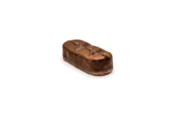 Chocolate bars on a white background. Chocolate candies with coconut flakes close-up.