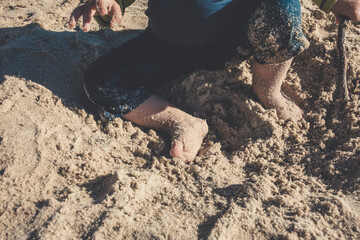 Baby toddler explores the life  on the sand beach. Feet of a toddler on the sand. Concept of exploration, travel, and summer