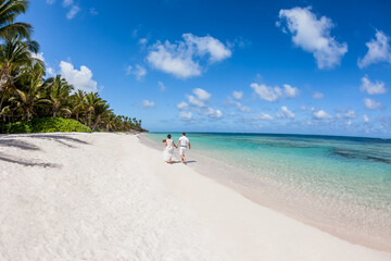 Newlyweds holding hands hugging at white sandy tropical caribbean beach landscape after wedding...