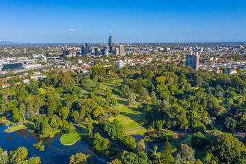 Aerial view of a lake at Royal botanic garden in Melbourne, Australia