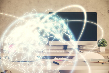 Double exposure of business theme drawing and office interior background. Concept of success