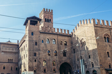 Re Enzo Palace and Arengo Tower on the main square of historic part of Bologna, Italy