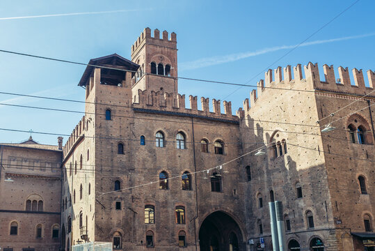 Re Enzo Palace and Arengo Tower on the main square of historic part of Bologna, Italy
