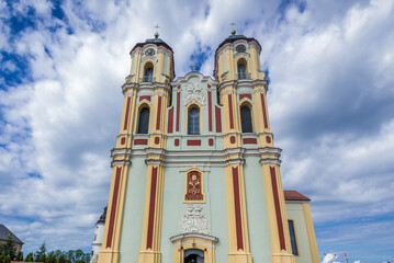 Fototapeta premium Front view of Roman Catholic Basilica of Visitation of Blessed Virgin Mary in Sejny, small town in Podlasie region, Poland