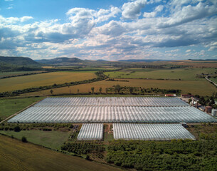 Greenhouse for early fruits and vegetables. Aerial photo.