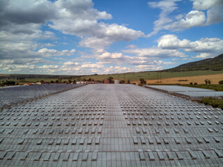Greenhouse for early fruits and vegetables. Aerial photo.