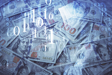 Double exposure of data theme drawing over us dollars bill background. Technology concept.