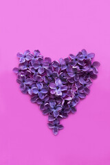 Lilac flowers in the shape of a heart on a pink background