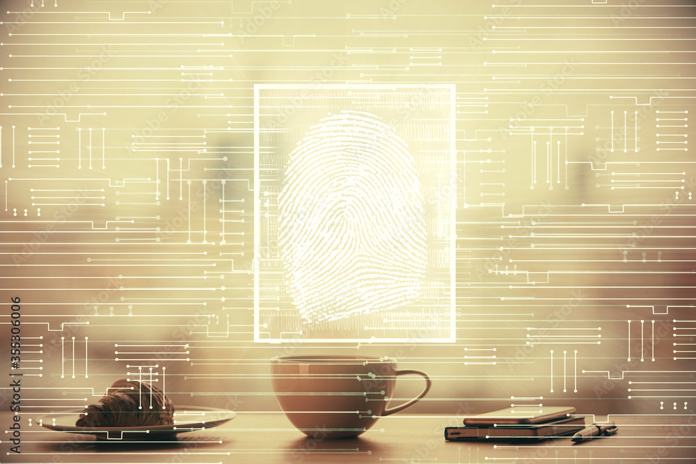 Poster double exposure of finger print hologram over coffee cup background in office. concept of informatio