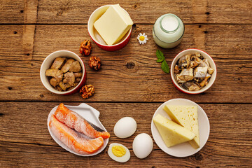 Foods containing vitamin D. Cheese, eggs, butter, nuts, milk, sardine, salmon, liver