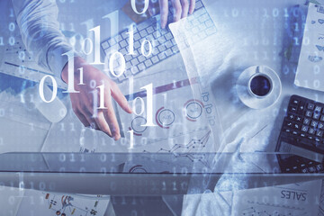 Double exposure of man's hands typing over computer keyboard and data theme hologram drawing. Top view. Technology concept.