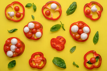 red pepper, basil, mushrooms on yellow