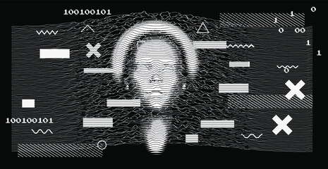 Artificial or machine intelligence concept. 3D silhouette of human head extruded from lines looking like graph of a function. Generative computer art.