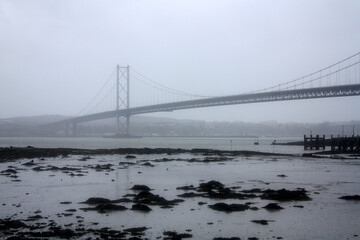 Fife, Scotland/UK - November 19, 2018: The Forth Road Bridge on a foggy day
