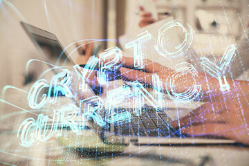 Double exposure of woman hands typing on computer and crypto market theme hologram drawing. Blockchain concept.