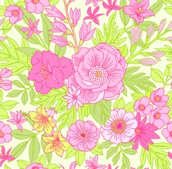 Behang Trendy naadloze vector bloemmotief. Eindeloze print gemaakt van kleine roze bloemen, bladeren en bessen. Zomer- en lentemotieven. Witte achtergrond. Vectorillustratie. © ann_and_pen
