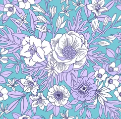 Wandaufkleber Trendy seamless floral pattern with gentle  flowers. White flowers on a light blue background. A bouquet of spring flowers for fashion prints. © ann_and_pen