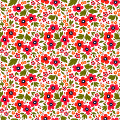 Floral pattern. Pretty flowers on white background. Printing with small red flowers. Ditsy print. Seamless vector texture. Spring bouquet.