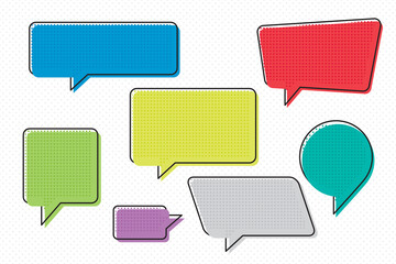 Speech Bubbles Set of Comic Style Circle Distorted and Rectangle Blank Trendy Colored Shapes - Black and Multicolor Elements on White Dots Wallpaper Background - Flat Graphic Design