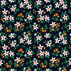 Cute floral pattern in the small flower. Ditsy print. Seamless vector texture. Elegant template for fashion prints. Printing with small white flowers. Dark blue background.