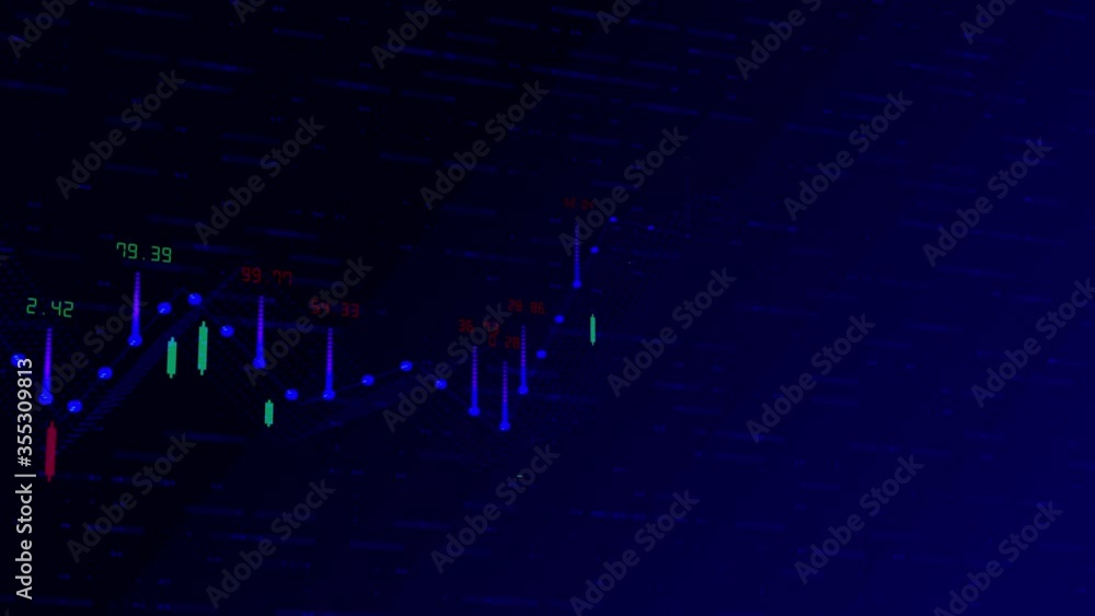 Poster motion video of a financial chart and data showing profits growth with green and red numbers at blue
