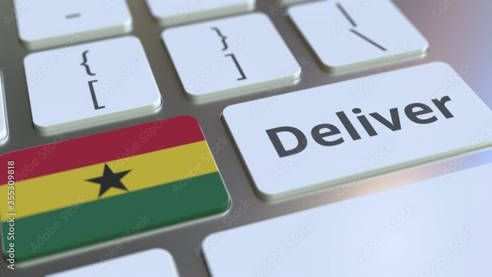 Aufkleber deliver text and flag of ghana on the computer keyboard. logistics related 3d animation