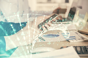 Double exposure of man's hands holding and using a phone and DNA drawing. Medical education concept.