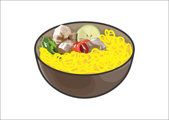 Bowl of Noodles with meatball topping Vector Illustration. It called Bakso, Favorite and delicious food in Indonesia.