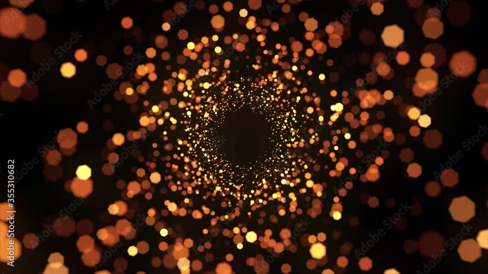 Poster 4k shimmering glittering particles with bokeh. abstract art motion background shining gold particles