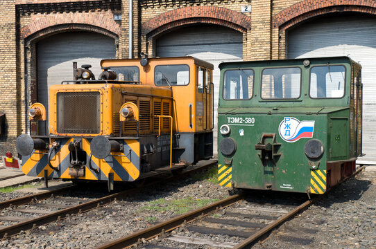 BERLIN - APRIL 14, 2012: Diesel engine "BEWAG DL2" (Typ Jung RK 15B) and the battery railway truck "LEW EL 16", the Spring Festival, the exhibition in the Rail yard Schoeneweide.