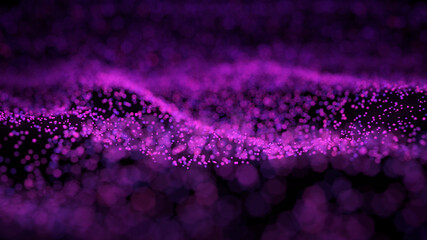 Background vivid. Colorful purple bokeh effect. Sparkling dust with stars on black background. Abstract of particles. Digital cyberspace futuristic neon glowing, wave flowing. 3d