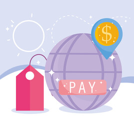 online payment, world tag price location navigation money, ecommerce market shopping, mobile app