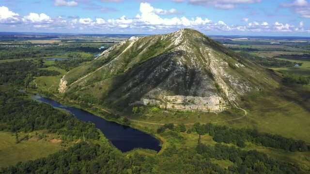 Flying a copter around Sheehan Yuraktau in Sunny weather. Bashkortostan, the Urals, Ufa.