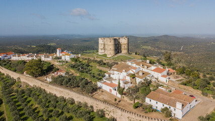 Fototapeta na wymiar Medieval city of Evoramonte - Portugal. Aerial view of the fortified city with olive plantations around in the Alentejo region in Portugal
