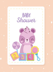 baby shower, cute raccoon with rattle cubes toys cartoon, announce newborn welcome card