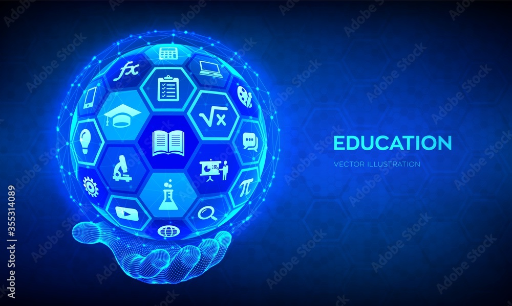 Poster e-learning. innovative online education technology concept. webinar, teaching, online training cours