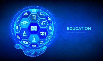 E-learning. Innovative online education technology concept. Webinar, teaching, online training courses. Skill development. Abstract 3D sphere with surface of hexagons with icons in hand. Vector.