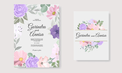 Wedding invitation card template set with beautiful  floral leaves Premium Vector