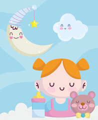 baby shower, little girl bear bottle feed moon and cloud decoration, announce newborn welcome card