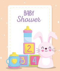 baby shower, cute bunny cubes and bottle feed, announce newborn welcome card