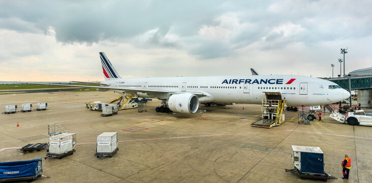 Paris, France - April 28, 2017: Air France Boeing 777-300ER at Charles de Gaulle Airport. Air France was the launch customer of Boeing 777-300ER