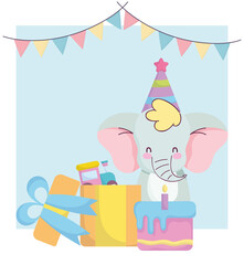 baby shower, cute elephant with gift cake and train toy, announce newborn welcome card