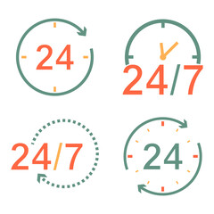 24 hours colored icon set. Concept of 24/7, open 24 hours, customer service, open around the clock, call center, open everyday. Flat isolated vector illustration design on a white background. EPS 10