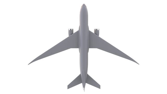 Passenger airplane flying on white background. Alpha channel included. Top View