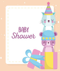 baby shower, bear and cat with hat in gift box, announce newborn welcome card
