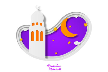 Ramadan kareem greeting card design with tower mosque and crescent month vector illustration. tower mosque vector illustration. paper art and craft style