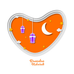 Ramadan kareem greeting card design with lantern and crescent month vector illustration. lantern mosque vector illustration. paper art and craft style