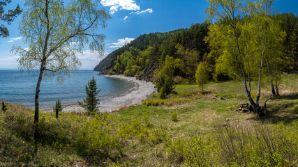 Fototapeta na wymiar Beautiful meadow on the shore of Lake Baikal