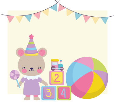 baby shower, cute female bear with ball block and rattle, announce newborn welcome card