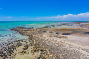 Wooden boardwalk at Hamelin pool used for view at stromatolites, Australia